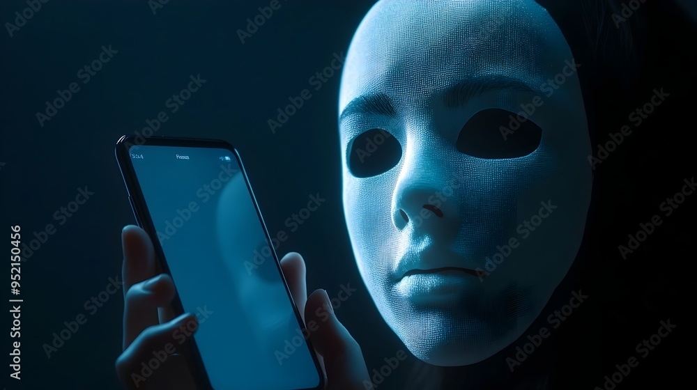 Poster smartphone app controlling a digital face mask with space for text conceptual of a futuristic mobile