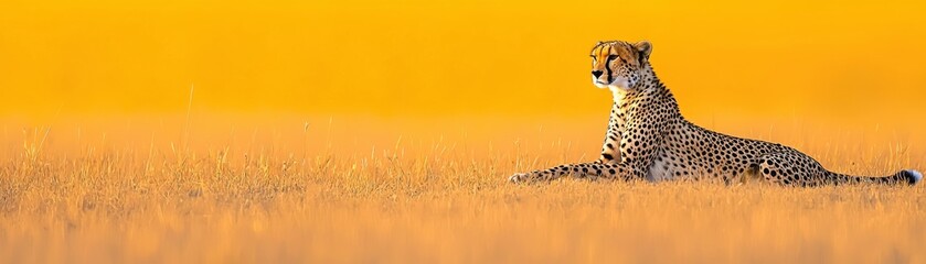 Naklejka premium A majestic cheetah lounging in golden grass under a bright yellow sky, showcasing the beauty of wildlife in its natural habitat.