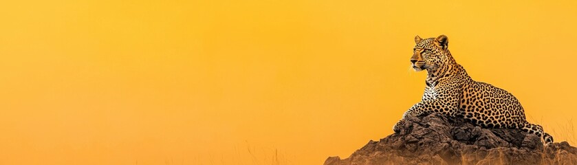 Fototapeta premium A majestic cheetah resting on a rocky outcrop, set against a stunning golden sunset backdrop.