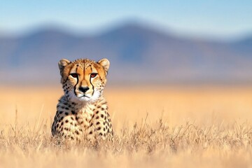 Naklejka premium A majestic cheetah sits gracefully in a vast, golden landscape, showcasing its stunning features against a serene backdrop.