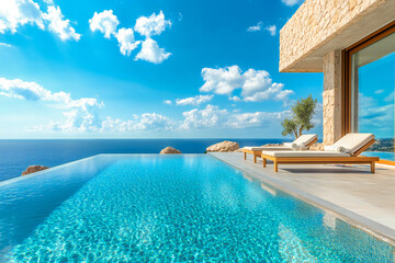 Fototapeta premium Exotic resort vacation in a villa with sun loungers and pool and sea view
