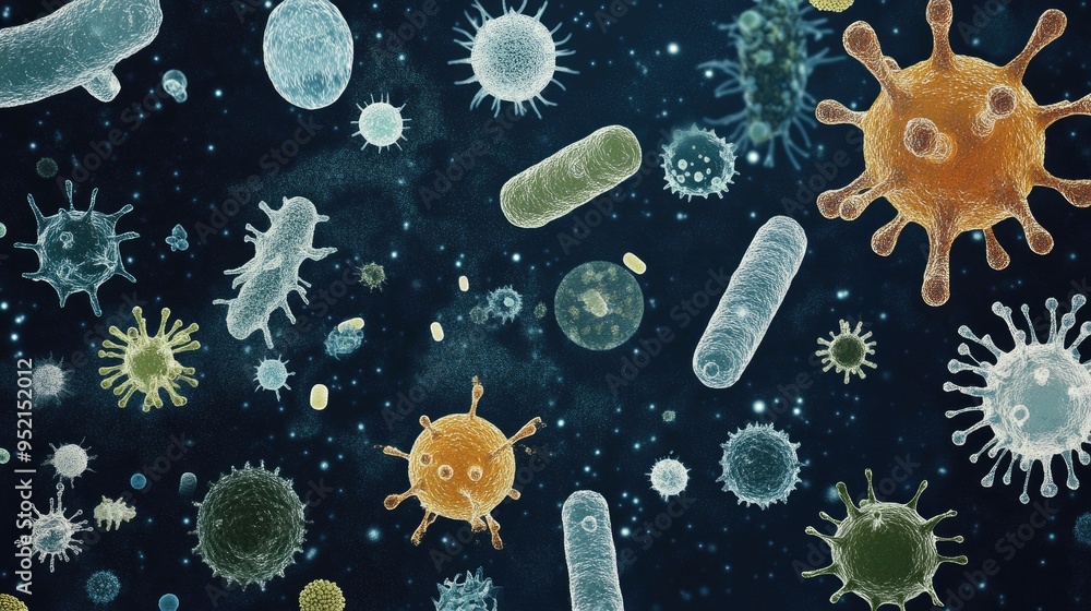 Poster artistic representation of various bacteria and viruses, showcasing pathogenic cells with space for 