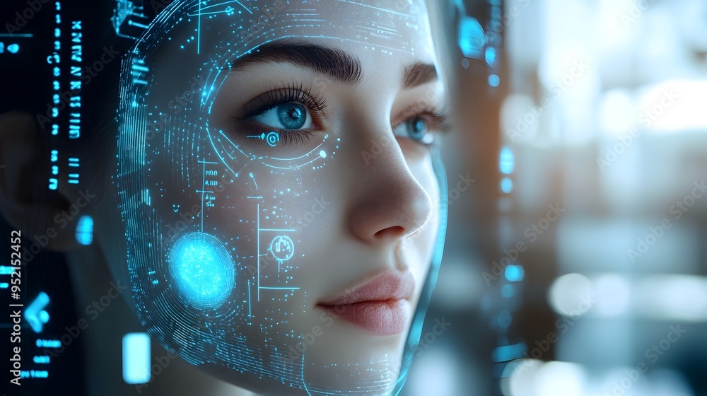 Poster digital skin analysis tool displaying futuristic graphics and data visualizations to help determine 