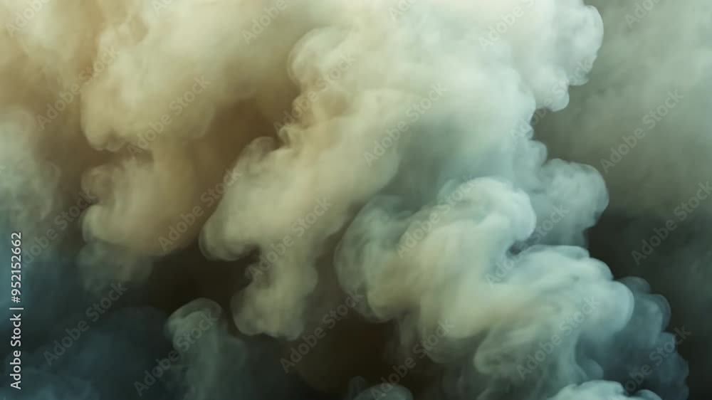 Poster a large cloud of smoke, possibly from a fire, with a mix of white and brown colors. the smoke is bil