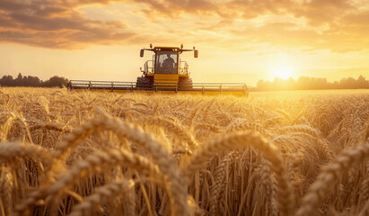 Fototapeta premium harvest wheat. combine harvester sunset working on ripe wheat field, moisson , rich harvest Concept, wheat field, wheat crop, Agriculture
