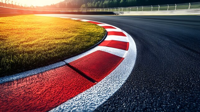 Racetrack curve, Formula 1 circuit, smooth asphalt, vibrant red and white curb, sunlit grass verge, dynamic perspective, sweeping turn, motorsport photography.