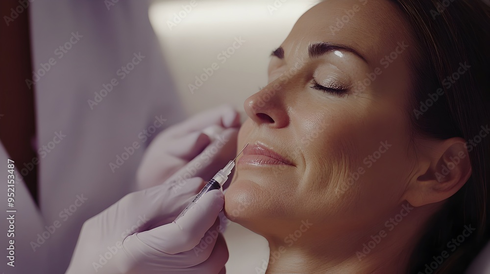 Aufkleber close up side profile view of a patient receiving a dermal filler injection procedure in the cheeks 