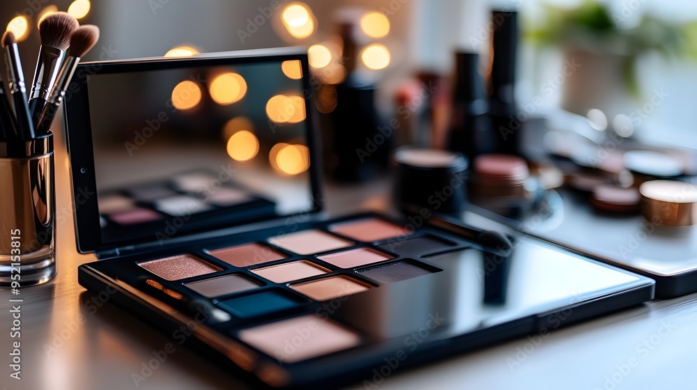 Poster digital makeup application simulator displayed on a tablet screen allowing users to virtually apply 