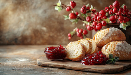 Rustic table with homemade bread and fresh fruit generated by AI