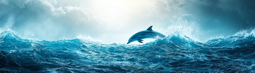 Fototapeta premium A majestic dolphin leaps gracefully from the ocean waves beneath a radiant sky, capturing the beauty of marine life and nature.