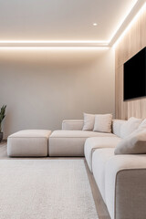 Modern living room interiors with elegant furniture and leg lighting. Luxury interior design composition with copyspace.