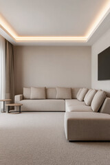 Modern living room interiors with elegant furniture and leg lighting. Luxury interior design composition with copyspace.