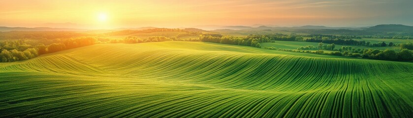 Obraz premium Scenic view of lush green fields at sunrise, with rolling hills and vibrant colors, capturing the beauty of nature and agricultural landscape.