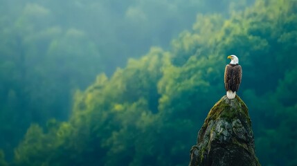 A majestic eagle perched on a rock, overlooking a lush green forest, embodying nature's beauty and wildlife elegance.
