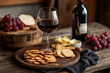 Composition with wine and snack on wooden background generative ai