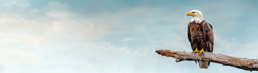 Obraz premium A majestic eagle perches on a branch, showcasing its powerful presence against a serene blue sky.