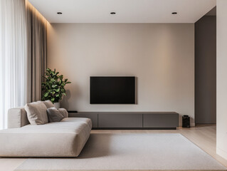 Fototapeta premium Modern living room interiors with elegant furniture and leg lighting. Luxury interior design composition with copyspace.