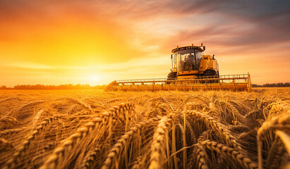 Obraz premium harvest wheat. combine harvester sunset working on ripe wheat field, moisson , rich harvest Concept, wheat field, wheat crop, Agriculture