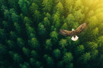 Fototapeta premium A majestic eagle soaring over a lush green forest, showcasing the beauty of nature and wildlife from an aerial perspective.