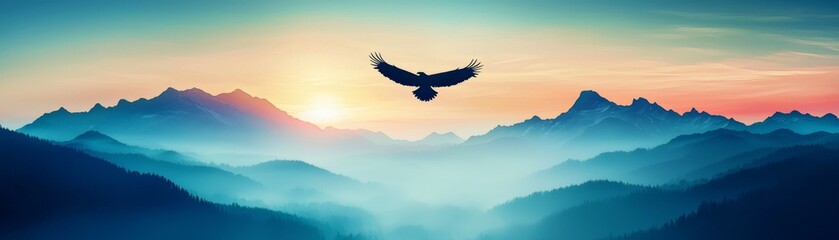 Naklejka premium A majestic eagle soaring over misty mountains at sunrise, capturing the essence of freedom and natural beauty.