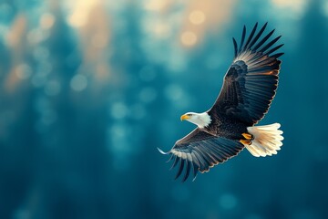 A majestic eagle soaring through a blurred forest backdrop, symbolizing freedom and power in nature.