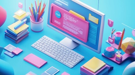 Business isometric workplace  concept of workplace with computer Desk and office equipment.Workplace Isometric Vector Illustration 3d rendering