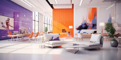 Stylish office featuring white walls and a vibrant color scheme, 3D render.