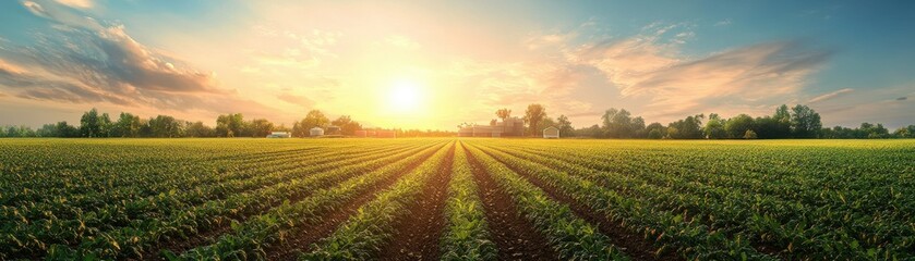 Beautiful sunset over expansive green farmland with clear sky, depicting a serene and fertile agricultural landscape.