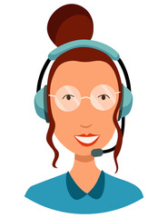 Call center operator avatar with headphone. Online support service assistant. Female customer help manager.  illustration of character