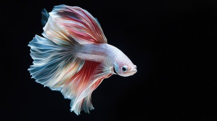 Obraz premium A beautiful moment frozen in time, as a Halfmoon Betta fish with vivid colors moves gracefully against a black background,