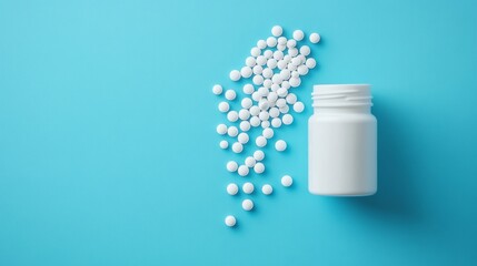 White Pill Bottle with Tablets Spilling Out on Blue Background