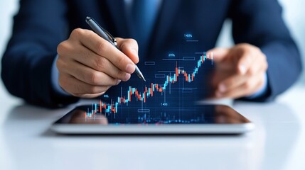 Businessman holding a pen and writing on a tablet with a stock market graph, a digital business concept for a financial trader or a dollar exchange trading chart.