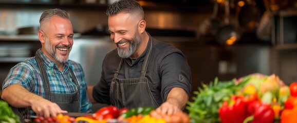Male gay couple preparing fresh vegetables in a vibrant kitchen during daytime, copy space for text