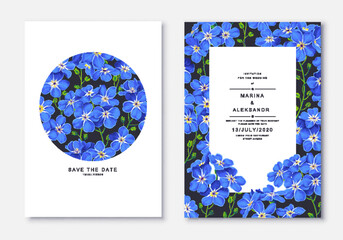Floral trendy greeting or invitation design template with blue flowers. Forget-me-nots in realistic style with high detail. Set of poster, postcard, brochure, cover, advertisement, networks template 