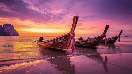 Traditional thai boats at sunset beach. Ao Nang Krabi province is very beautiful