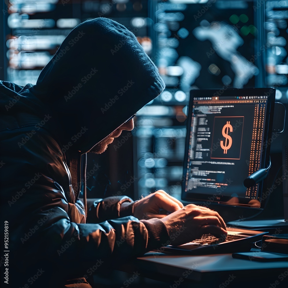 Poster hacker breaching a digital finance system with currency transactions displayed