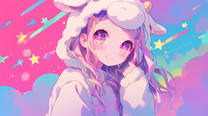 cute sheep character wearing anime onesie costume, anime style, cute kawaii, simple, smiling happy. neon psychedelic background
