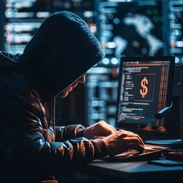 Hacker Breaching a Digital Finance System with Currency Transactions Displayed