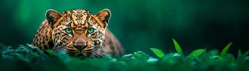 A majestic jaguar lurking in lush greenery, showcasing its powerful presence and striking emerald eyes in a vibrant jungle setting.