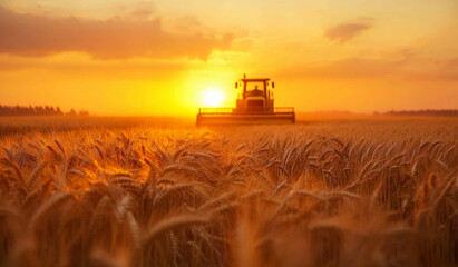 Fototapeta premium harvest wheat. combine harvester sunset working on ripe wheat field, moisson , rich harvest Concept, wheat field, wheat crop, Agriculture