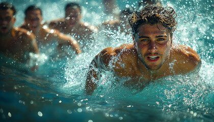 Men swimming in pool, splashing water, enjoying summer generated by AI