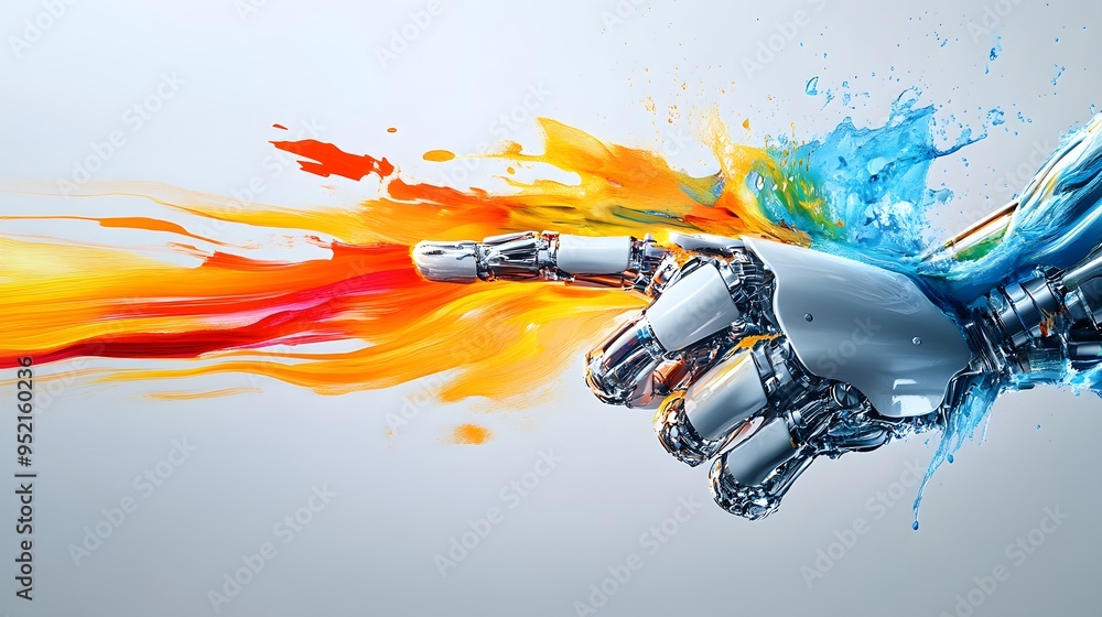 Poster robotic hand creating abstract art with colorful paint splatter.