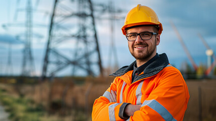 Smiling male worker in high-visibility jacket with transmission towers.