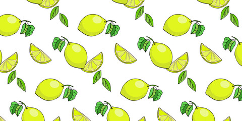 Vector color drawing of fruit lemon, orange, tropics, tropical plants, toucan. Seamless pattern