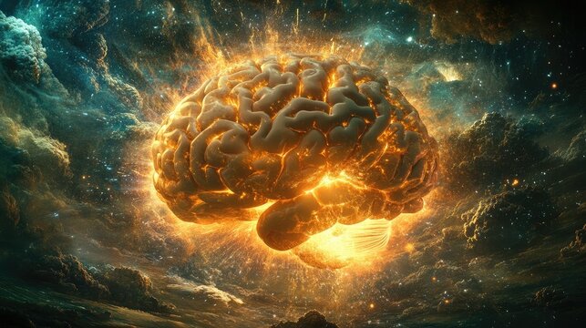 Concept art of a human brain exploding with knowledge and creativity 