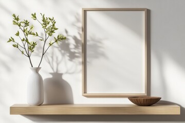 Modern Entryway Wall Decor with Metallic Frame, Shelf, Plant, and Bowl Mockup