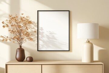 Sleek Frame Mockup in Minimalist Bedroom Setting with Modern Dresser and Sculptural Lamp