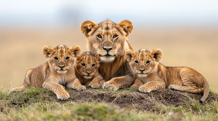 A majestic lioness cuddles her three playful cubs on the savanna, showcasing the beauty of family and wildlife.