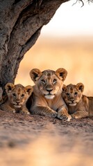 A majestic lioness resting with her two playful cubs under a tree, basking in the warm sunlight of the savanna.