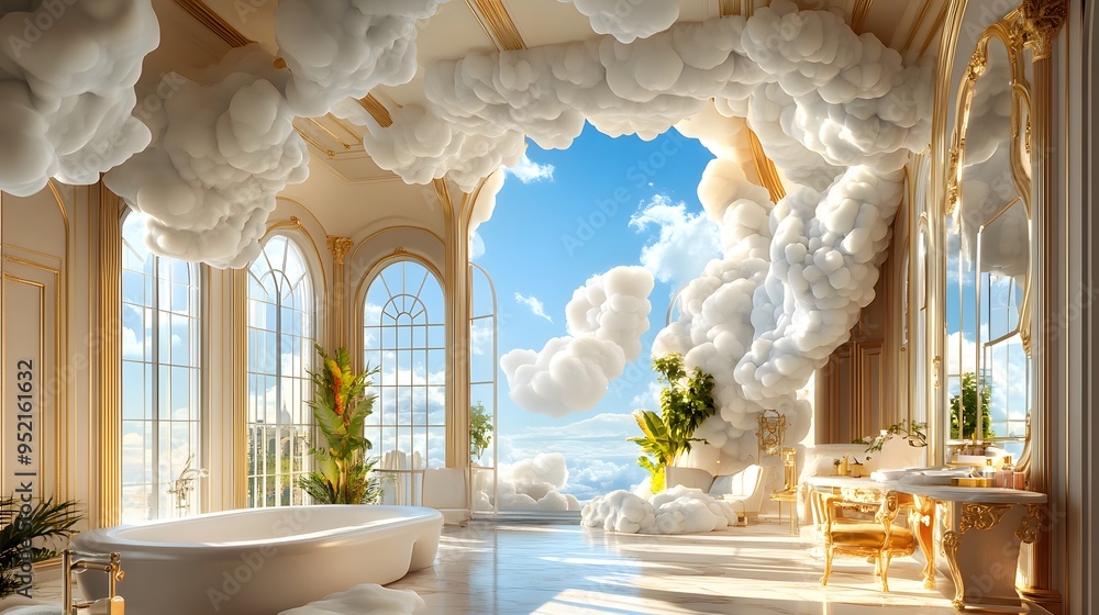 Wall mural Luxury Bathroom with Clouds and Golden Details.